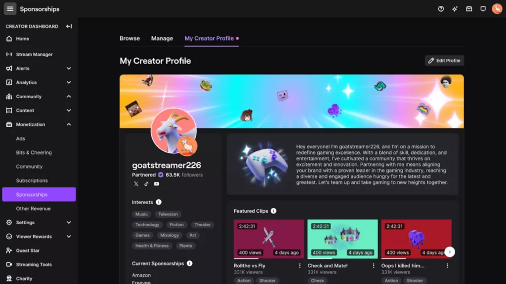 Graph 6: Twitch Creator Profile for Sponsorships - Stream Hatchet