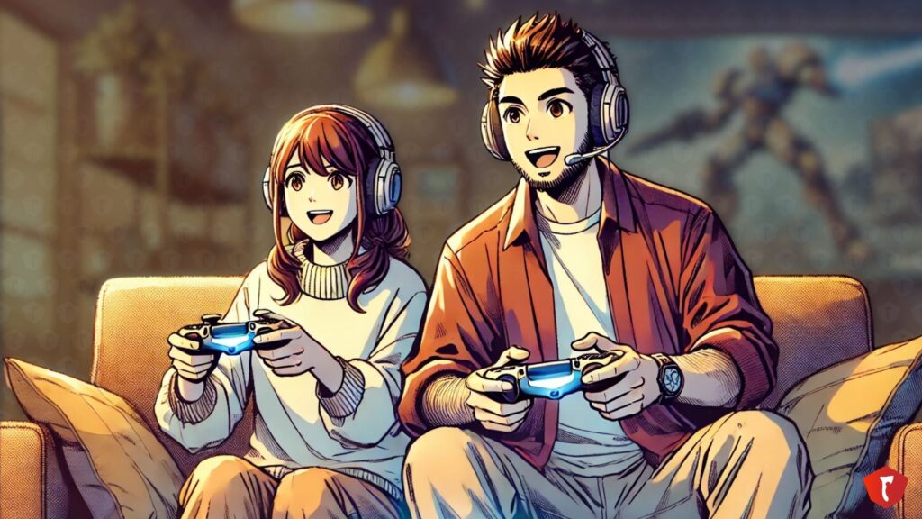 Father and daughter on a couch enjoying a co-op game together