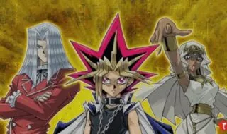 Yu-Gi-Oh! Characters posing in front of a gold background