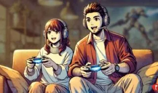 Father and daughter on a couch enjoying a co-op game together