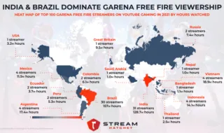 Map of world with locations of the top Garena Free Fire streamers and hours watched for each country