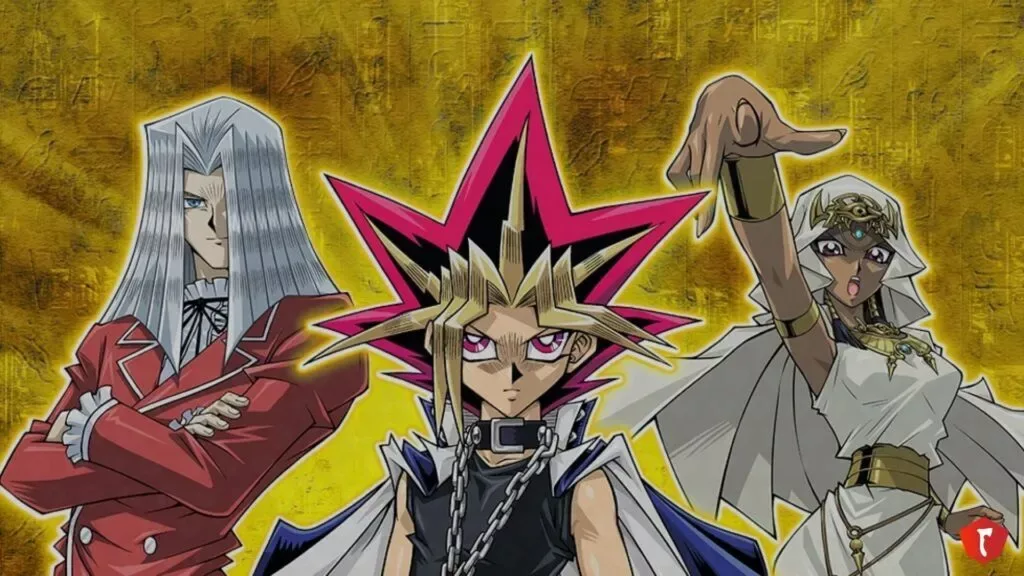 Yu-Gi-Oh! Characters posing in front of a gold background